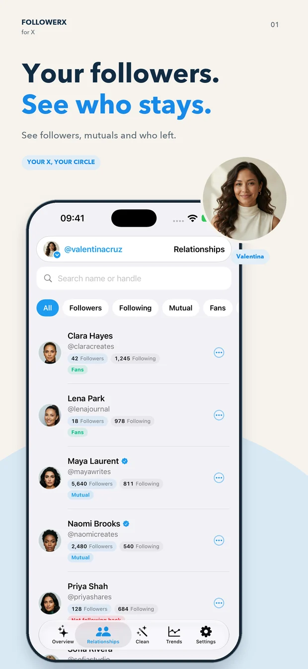 FollowerX's followers screen showing mutual connections and fans.