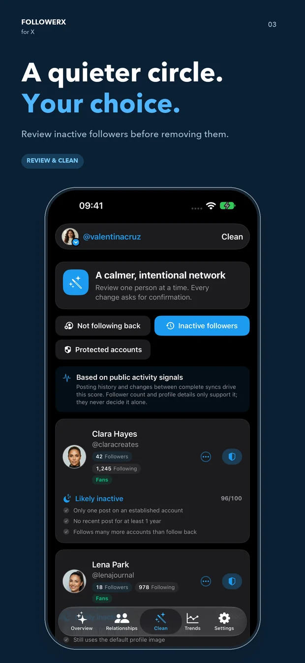FollowerX's dark-mode Clean screen for reviewing likely inactive accounts.
