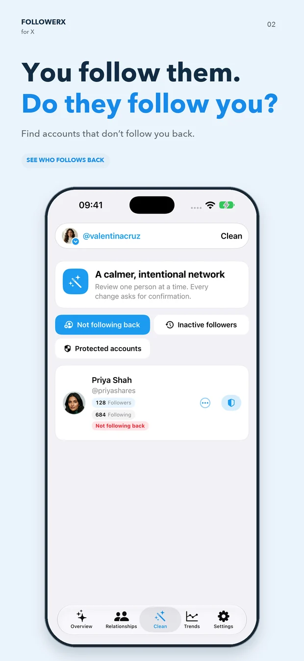 FollowerX's Clean screen identifying an account that does not follow back.